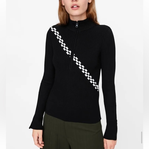 Zara black ribbed sweater checkered stripe quarter zippull over Large NWT - Picture 1 of 6